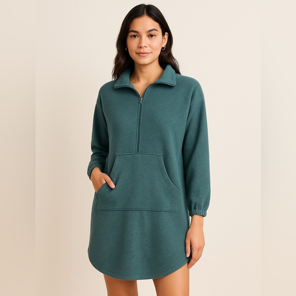 Moments Teal Fleece Half-Zip Pullover Dress Kangaroo Pocket Long Sleeves.Size S